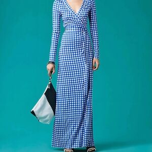 Diane Von Furstenberg DVF Blue Gingham Silk Jersey Julian Long Wrap Dress Sz 6